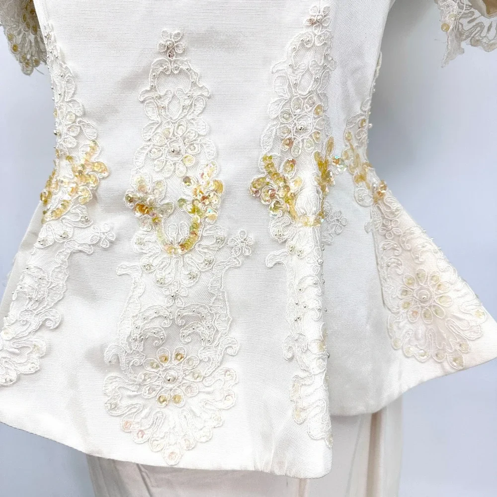 Vintage 80s Ivory Wedding Bridal Suit Set M Rosette Shoulder Lace Beaded‎